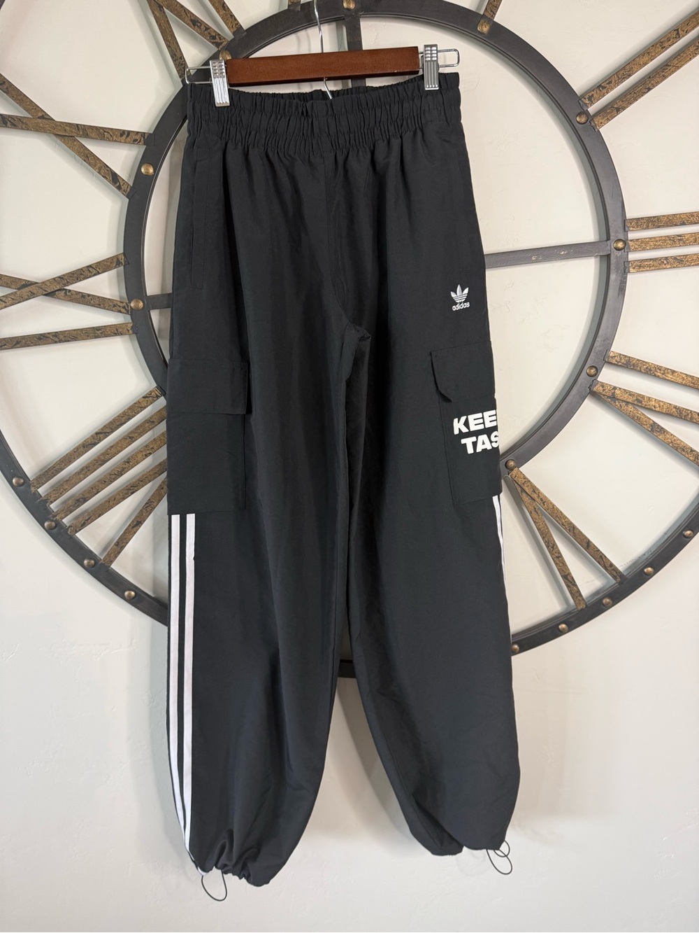 adidas Black Cargo Track Joggers with White Stripes "keep it tasty"